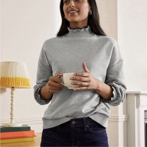 Boden Ruffle Detail Sweater Women's 12 Gray Marl Mock Neck Blouson Sleeves